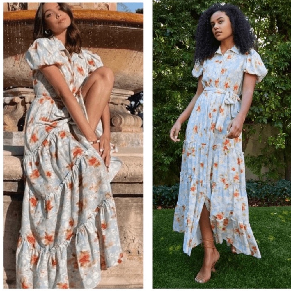 Misa Los Angeles Blue Floral Maxi Dress with Orange Accents